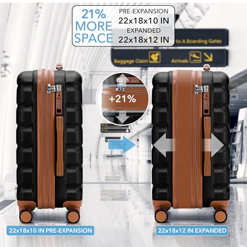 Flight Knight 22x18x10 Expandable Carry On Suitcase Hardside TSA Lock & USB C Port Lightweight Luggage Silent Double Spinner Wheels Maximum Spirit Overhead Carry-On Bag Airlines Approved Black - color: Black/Tan, size: 22x18x10"