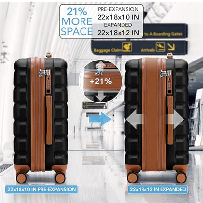 Flight Knight 22x18x10 Expandable Carry On Suitcase Hardside TSA Lock & USB C Port Lightweight Luggage Silent Double Spinner Wheels Maximum Spirit Overhead Carry-On Bag Airlines Approved Black - color: Black/Tan, size: 22x18x10"