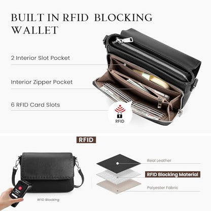 befen Genuine Leather Crossbody Bags for Women Medium Purse with Built in RFID Wallet Womens Soft Cross Body Purse - color: Black