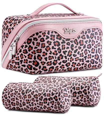 BOYATU Travel Makeup Bag Organizer: 3 Pcs Set Leopard Make up Bag for Women | Vegan Leather Cosmetic Bags with Compartments - Waterproof Toiletry Bag - 180° Open-Flat Make up Case for 3-15 Day Trips - color: 03-Pink
