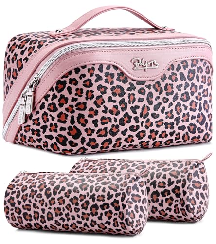 BOYATU Travel Makeup Bag Organizer: 3 Pcs Set Leopard Make up Bag for Women | Vegan Leather Cosmetic Bags with Compartments - Waterproof Toiletry Bag - 180° Open-Flat Make up Case for 3-15 Day Trips - color: 03-Pink