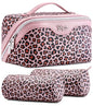 BOYATU Travel Makeup Bag Organizer: 3 Pcs Set Leopard Make up Bag for Women | Vegan Leather Cosmetic Bags with Compartments - Waterproof Toiletry Bag - 180° Open-Flat Make up Case for 3-15 Day Trips - color: 03-Pink
