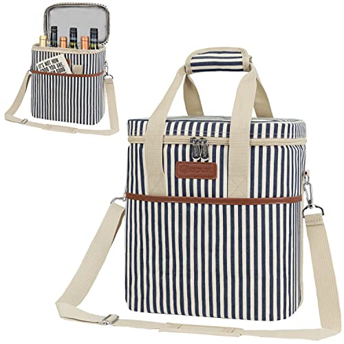 opux 6 Bottle Carrier Tote | Insulated Padded Wine Cooler Bag for Travel. Picnic, BYOB | Portable Leakproof Wine Tote Bag for Dinner, Party, Christmas, Wine Gift for Women, Men (Stripe Navy) - color: Stripe Navy, size: 6 Bottle