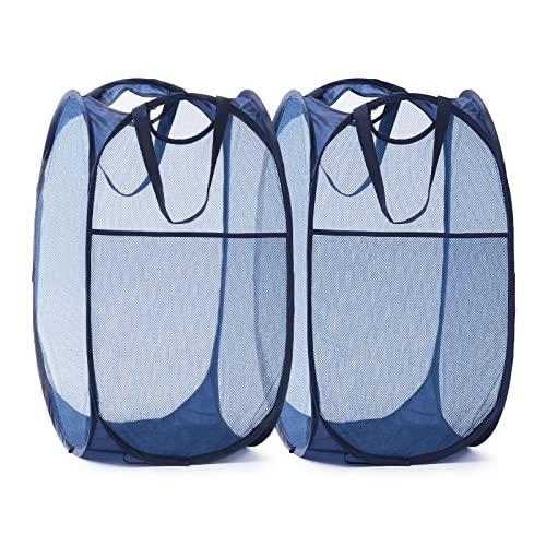 TECHMILLY Collapsible Mesh Pop Up Laundry Hamper with Sturdy Handles and Side Pocket - Portable Foldable Clothes Baskets for Dorm, Bathroom & Travel Storage (Blue, 2 Packs) - color: Blue, size: 2 Pack