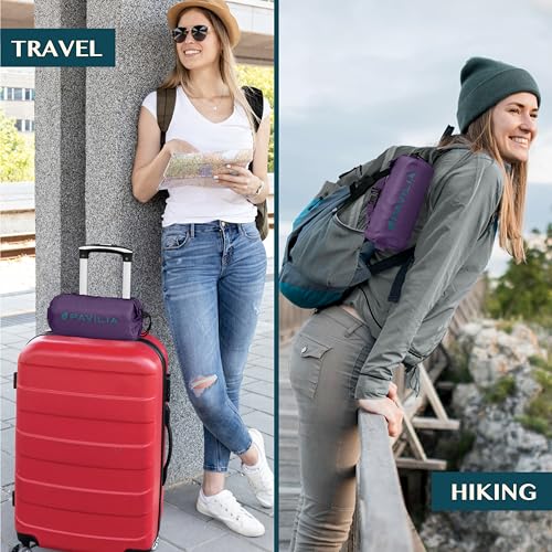 PAVILIA Travel Blanket Airplane Compact with Bag, Lightweight Soft Fleece Plane Blanket Long Flights, Camping Road Trips, Packable Travel Gift Essentials with Luggage Backpack Strap, 65x40, Purple - color: Purple