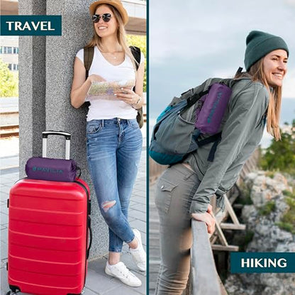 PAVILIA Travel Blanket Airplane Compact with Bag, Lightweight Soft Fleece Plane Blanket Long Flights, Camping Road Trips, Packable Travel Gift Essentials with Luggage Backpack Strap, 65x40, Purple - color: Purple