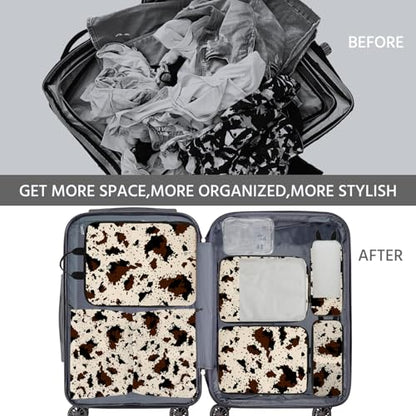 7 Pcs Compression Packing Cubes for Travel, Waterproof Suitcase Luggage Backpack Organizer with Toiletry Bag Travel Essentials for Women/Men-Cow Print - color: Brown-Cow Print