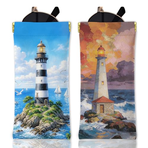 GLOBLELAND 2 Pcs Summer Soft PU Leather Glasses Bag for Sunglasses Watches Phones Makeup Brushes - color: Lighthouse