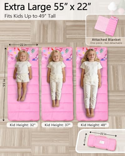 Primlect Toddler Nap Mat with Removable Pillow and Fleece Blanket, Extra Large 55''x35'' Sleeping Bag, Washable, Light, Easy to Roll up, Perfect for Daycare, Preschool, Kindergarten, Travel - color: Mermaid