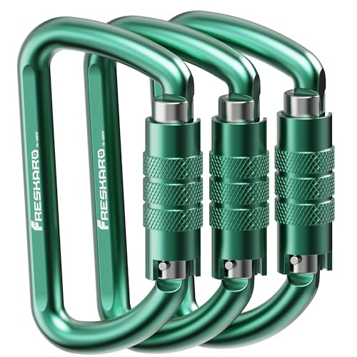 FresKaro 3inch 12kN-2698lbs Auto Locking Carabiner Clips, Solid D Shape, Heavy Duty 7075 Aluminum, Lightweight 1.09oz, Rust Proof, for Hammock, Hiking, Dog Leash, Keychain etc., Multi-Colors - color: Green-3pcs