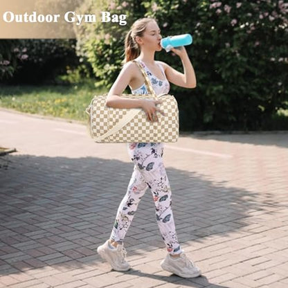 Gym Bag Sports Duffle Bag with Wet Pocket Weekender Overnight Bag with Waterproof Shoe Pouch and Air Hole for Girls Kids Women Travel Workout Bag - color: Brown checkered