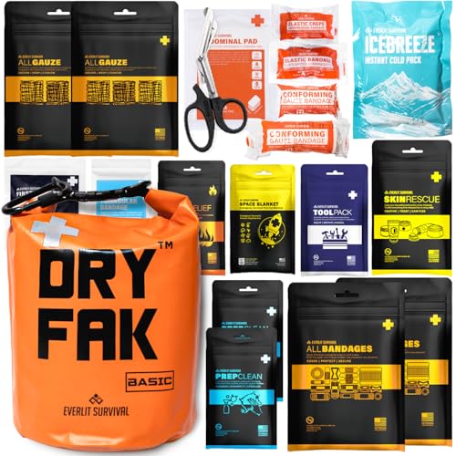 EVERLIT 290 Pc Waterproof First Aid Kit Dry FAK Medical Kit Emergency Survival Kit for Boat, Backpacking, Hiking, Fishing, Travel, Kayaking (Orange) (Orange)