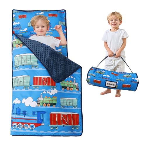 Lasoftan Toddler Nap Mat with Pillow and Blanket, Extra Large Rolled Napping Mats,Slumber Bags for Boys Girls,Kids Sleeping Bag for Daycare, Preschool Travel Camping - color: Blue Train
