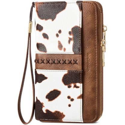 BOSTANTEN Wallets for Women Leather RFID Double Zipper Around Credit Card Holder Large Capacity Wristlet Clutch Wallet - color: Brown Cow Print