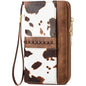 BOSTANTEN Wallets for Women Leather RFID Double Zipper Around Credit Card Holder Large Capacity Wristlet Clutch Wallet - color: Brown Cow Print