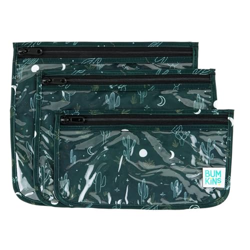 Bumkins Travel Bag, Toiletry, TSA Approved Packing Pouch, Zip Bag, Quart Size Airline Compliant, Clear-Sided, Set of 3 Sizes - color: B1 Starry Cactus-Dk Green, style: Bumkins