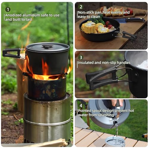 aiGear 3pcs Camping Cooking Set for 1-2 People, Lightweight Foldable Pot Pan Kettle with Storage Bag, Backpacking Cooking Set for Hiking Picnic Camping - color: Black