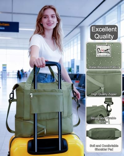 Foldable Travel Duffel Bag for Women, 40L Expandable Carry on Bag Personal Item Flight Approved, Lightweight Water Resistant Overnight Weekender Bag with Wet Pocket for Gym Travel, Olive Green - color: Olive green