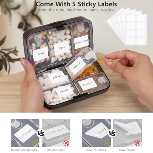FYY Weekly Pill Organizer with Labels,8 Compartments Travel Daily Pill Case Airtight Moistureproof Large Pill Box to Hold Vitamins, Fish Oil, Supplements,Cotton Swab and Bandages-Black - color: Black