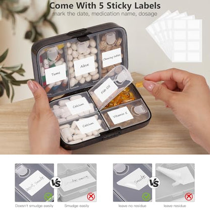 FYY Weekly Pill Organizer with Labels,8 Compartments Travel Daily Pill Case Airtight Moistureproof Large Pill Box to Hold Vitamins, Fish Oil, Supplements,Cotton Swab and Bandages-Black - color: Black