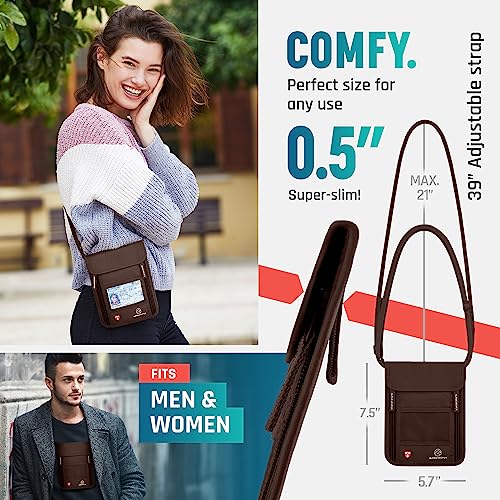 Alpha Keeper Neck Wallet for Travel Man and Women, RFID Passport Holder - color: Brown