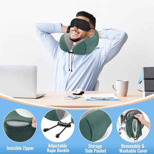 CloudBliss Travel Pillow for Airplane, Memory Foam Neck Pillow for Travel, Compact Flight Pillow with Eye Mask, Earplugs, Carry Bag,Travel Neck Pillow for Long Flight Sleep, Plane Accessories, Green. - color: Green