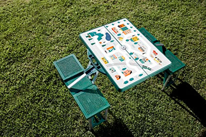 Picnic TIME Portable Folding Picnic Table with Seats for 4, Collapsible Aluminum Table with Benches & Umbrella Hole, Lightweight Foldable Table for Camping, Travel, Backyard, Tailgating | with Umbrella Hole - color: Play Town - Green