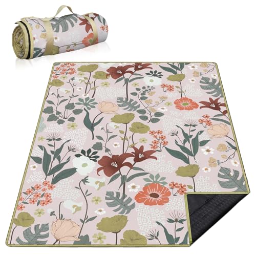 Floral Picnic Blankets Waterproof Foldable, 60″X80″ Packable Picnic Mat Flowers Outdoor Blanket for Grass, Large Beach Blanket Sandproof Picnic Accessories for Camping Music Festival Park Lawn Travel - color: C02, size: 5' X 6'8" (Rectangular)