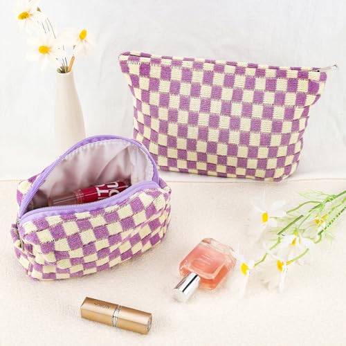 ZLFSRQ 2Pcs Checkered Makeup Bag for Women Large Small Checkered Cosmetic Bag Set Aesthetic Preppy Pencil Case Cute Pencil Pouch Purple Makeup Pouch for Purse Travel Toiletry Bags Zipper Skincare Bags - color: B-Checkered 2Pcs Mix Purple