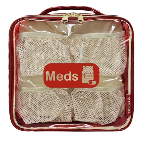 Medium Travel Pill Bottle Organizer, Clear Medicine Bag, 2 Zipper Compartments with Divider and Mesh Pockets, Easy View of Medications, Medical Supplies, and Toiletries, PVC - Red - color: - Pvc Red, size: M (Pack of 1)