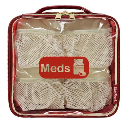 Medium Travel Pill Bottle Organizer, Clear Medicine Bag, 2 Zipper Compartments with Divider and Mesh Pockets, Easy View of Medications, Medical Supplies, and Toiletries, PVC - Red - color: - Pvc Red, size: M (Pack of 1)