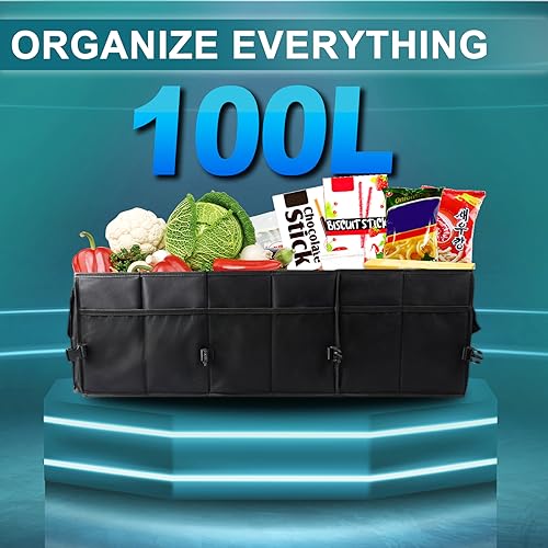 Sposuit Extra Large Trunk Organizer 98L Collapsible Car Storage Trunk Organizer with Removable Dividers & Adjustable Securing Straps for Car SUV Van - color: Black, size: XX-Large