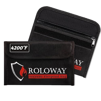 ROLOWAY Small Fireproof Bag (5 x 8 inches), Non-itchy Fireproof Money Bag for Cash, Valuables, Passport, Currency & Keys (2-Pack Black) - size: 8 x 5 inch, style: Black Bag
