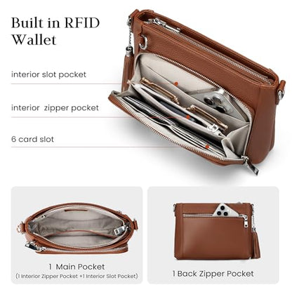 befen Anti Theft Genuine Leather Crossbody Bags for Women Handbags and Shoulder Basg with Built in Wallet RFID Leather Purse - color: Brown