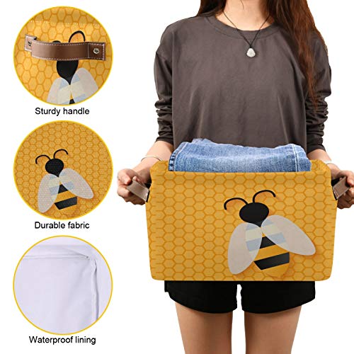Cute Bee Square Storage Basket Bin Canvas Fabric Compressible Organizer Basket with Handle for Bedroom Nursery Office, 1PCS - color: Bee 1