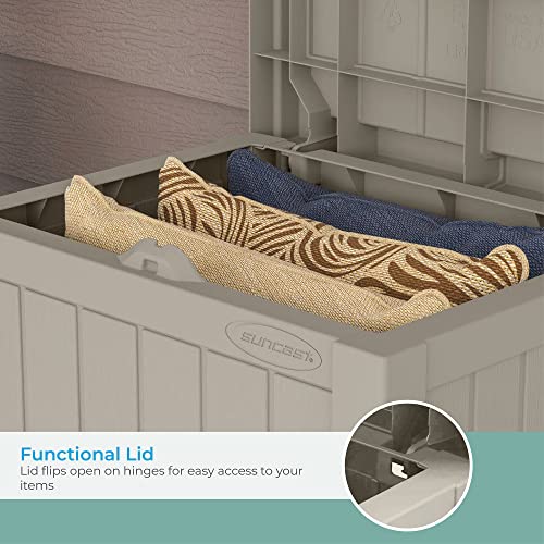 Suncast Outdoor Storage Box - 22 Gallon Light Taupe Resin Outdoor Deck Box with Seat, Weatherproof Patio Storage Bin Container for Keeping Cushions, Tools & Towels for Pool, Yard, & Garden