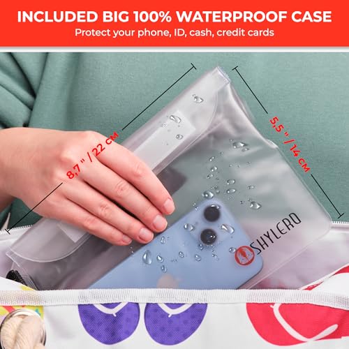 Beach Bag and Pool Bag Has Cooler Pocket, 7 Pockets Total, Zip Top. Family Size Waterproof Beach Tote - color: Funky Flip Flops