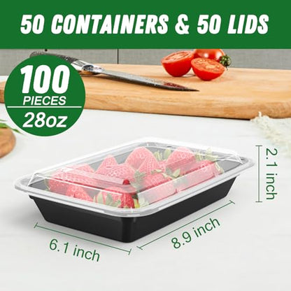 Dealusy 50 Pack (100-Piece) 28 oz Meal Prep Containers Reusable with Lids, Sturdy Leakproof & Food Safe, Microwave, Freezer, Dishwasher Safe Prep Containers, To Go Take Out Plastic Food Storage - size: 28 oz