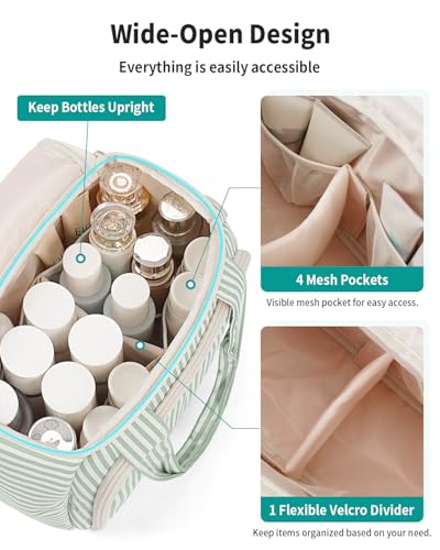 Narwey Striped Travel Toiletry Bag for Women Large Makeup Bag, Wide-open Cosmetic Make Up Organizer with Handle, Travel Bag for Toiletries, Essentials, Accessories (Mint Green Stripe) - color: Y-Mint Green Stripe