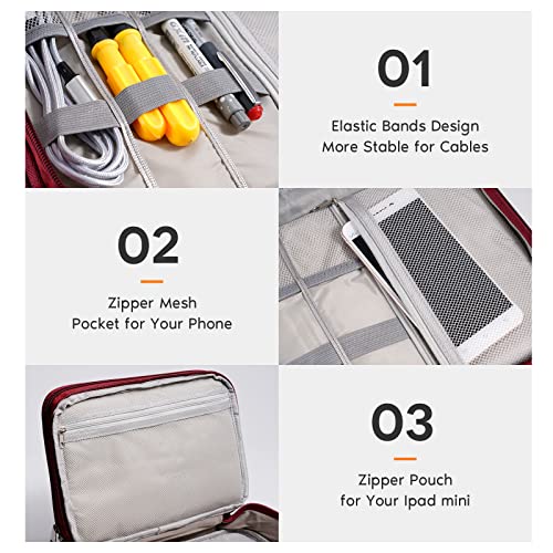 OrgaWise Electronics Organizer, Electronic Accessories Bag Travel Cable Organizer Three-Layer for iPad Mini, Kindle, Hard Drives, Cables, Chargers - color: Three layer-Red