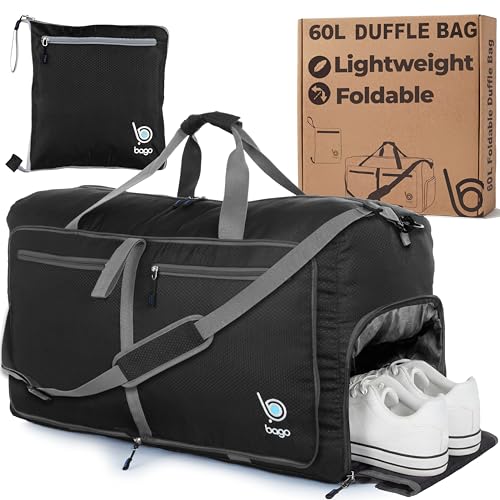 Bago Medium Duffle Bag for Travel Women & Men. Durable Lightweight Foldable Travel Duffel Bags For Traveling Women. 60L Duffle Bags For Overnight Bag With Shoe Compartment Collapsible Weekender duffel - color: Black, size: 60L