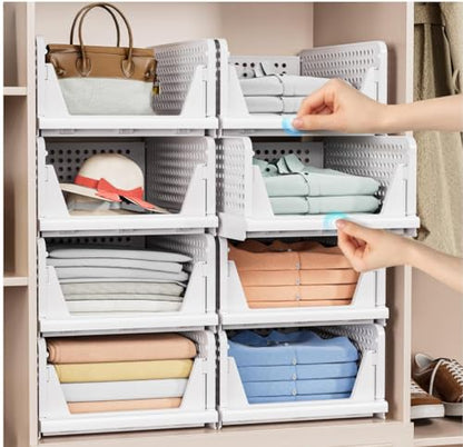caktraie 4 Pack Stackable Closet Storage Basket - Stackable Storage Bins, Multifunctional & Foldable Closet Organizer Divided, Wardrobe Cupboard Space-Saving Clothes Storage Hat Organizer, White - size: 4 Pack White