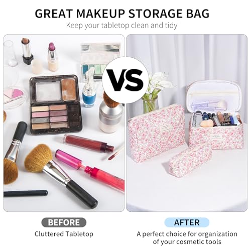 senbowe Floral Makeup Bag, 3 Pack Large Cotton Quilted Makeup Bag Set, Cute Floral Coquette Aesthetic Toiletry Bag Make Up Cosmetic Bag for Women, Toiletry Travel Make Up Organizer Bag - color: Pink-Green Flower