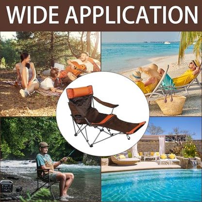 Camping Lounge Chair with Headrest Footrest and Storage Bag, Portable Folding Reclining Camping Chair with Foot Rest for Adults Outdoor Camping Beach Hiking Fishing (Orange Brown)