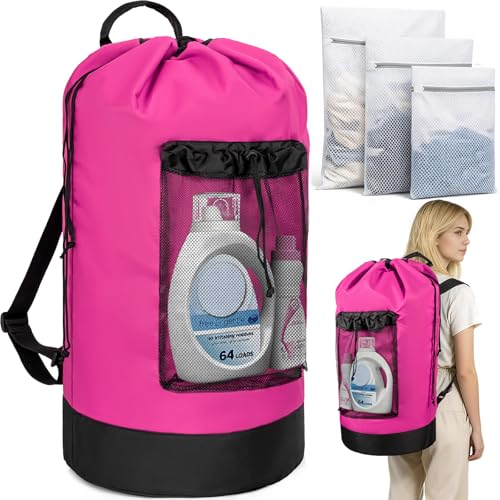 150L Laundry Bag Backpack with 3 Sizes Mesh Wash Bags and Shoulder Straps Foldable Clothes Hamper Bag with Drawstring Closure for College, Apartment, Laundromat(Pink) - color: Hot Pink
