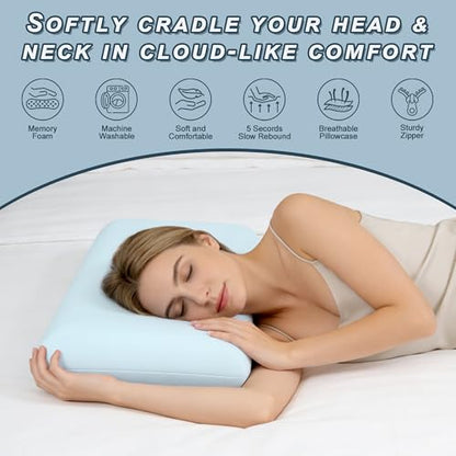 Blue Memory Foam Pillows Set of 2, Bed Pillows with Cooling Removable Cover, Neck Support for Back Stomach Side Sleepers, 2 Pack