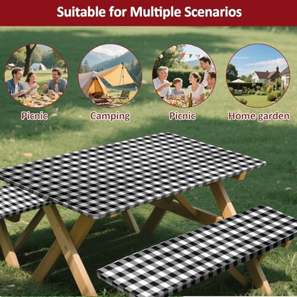 7ft Picnic Table and Bench Cover, Camping Essentials RV Gear, 84 in Waterproof Windproof Outdoor Elastic All Around Tablecloth, Fitted Rectangle Tables and Seats, Black-White Checkered - color: Black-white Checkered, size: 84"