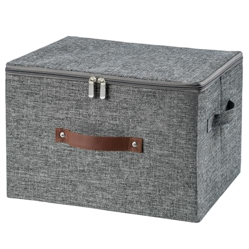 Storage Bins with Zipper Lid Foldable Fabric Lidded Storage Boxes Baskets Cubes Washable Collapsible PU Leather Handle Cotton Linen Fabric Shelf Closet Organizer Container(Gray, Large Size) - color: Gray, size: Large ( Set of 1 )