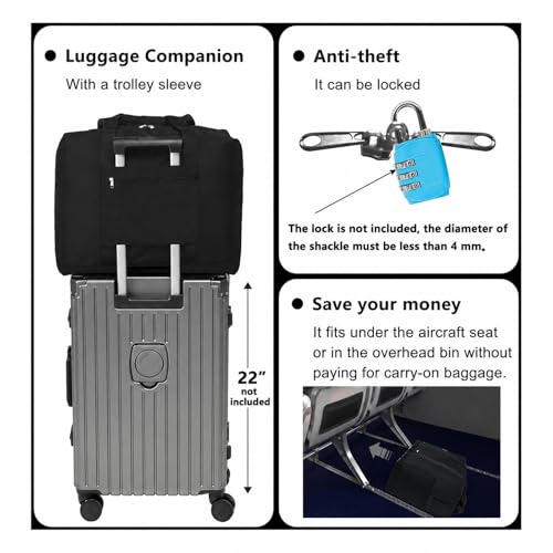 Foldable Travel Duffle Bag with Trolley Sleeve 40L Capacity, Lightweight Packable Travel Duffel Bags with the Keyhole Zipper, Weekender Overnight Nylon Carry on Bag for Men & Women, Black - color: Black