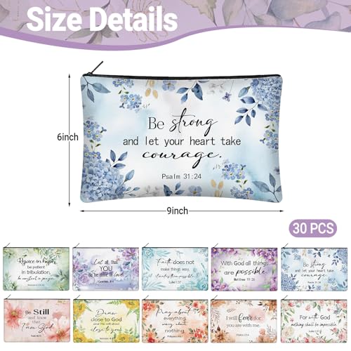30 Pcs Christian Makeup Bags with Inspirational Flower Religious Gift Bible Verse Zipper Makeup Pouches Bulk Canvas Cosmetic Bag for Women Church Travel Appreciation - style: Religious